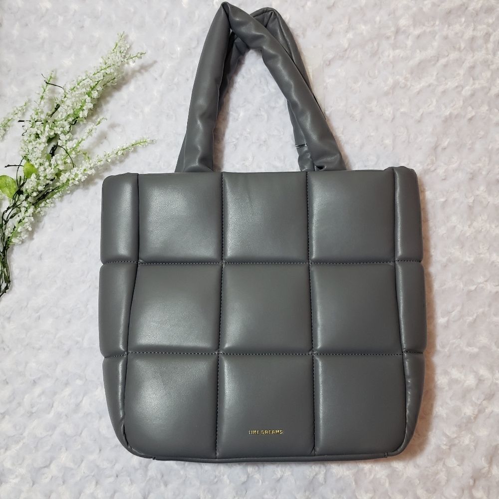 Like Dreams Grey quilted puffer shoulder tote bag travel vacation oversize purse